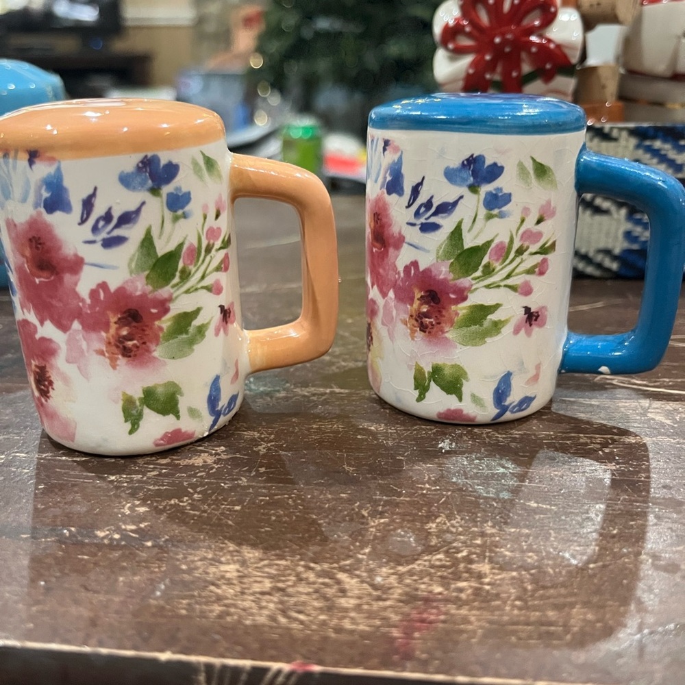 Floral Ceramic S & P Shakers with Blue and Orange Handles
